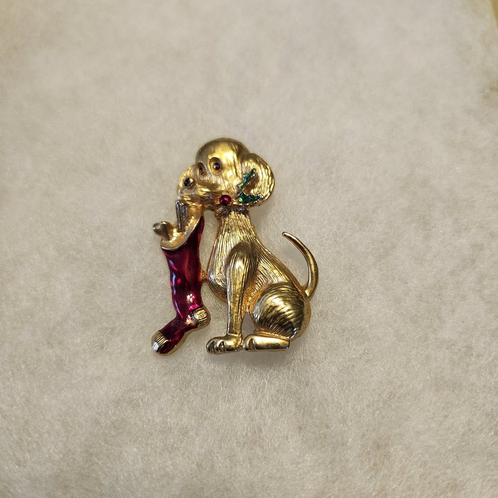 GERRY'S SIGNATURE PUPPY DOG & RED CHRISTMAS STOCKING BROOCH/PIN